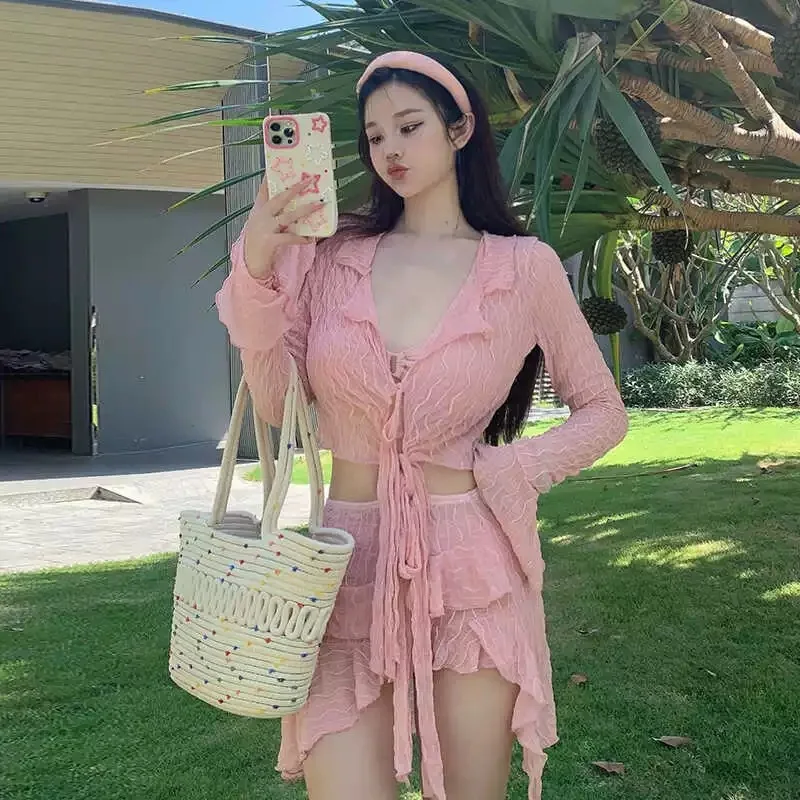 Women Four Piece Pure Desire Split Bikini Tummy Control Slim Sexy Plaid Long Sleeve Cover Up Shorts Beach Vacation Swimwear