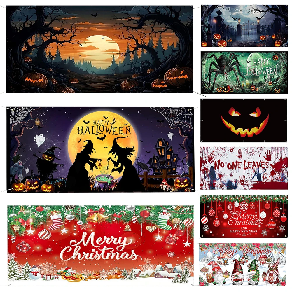 Halloween Background Decorations Christmas Garage Door Decoration Outdoor Xmas Decor Holiday Banner For Home Happy New Year