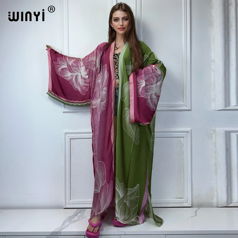 WINYI Kimono damskie letnie nadruk boho sweter z długim rękawem bluzka damska abaya stroje plażowe kobiety zakrywają boho maxi sukienkę