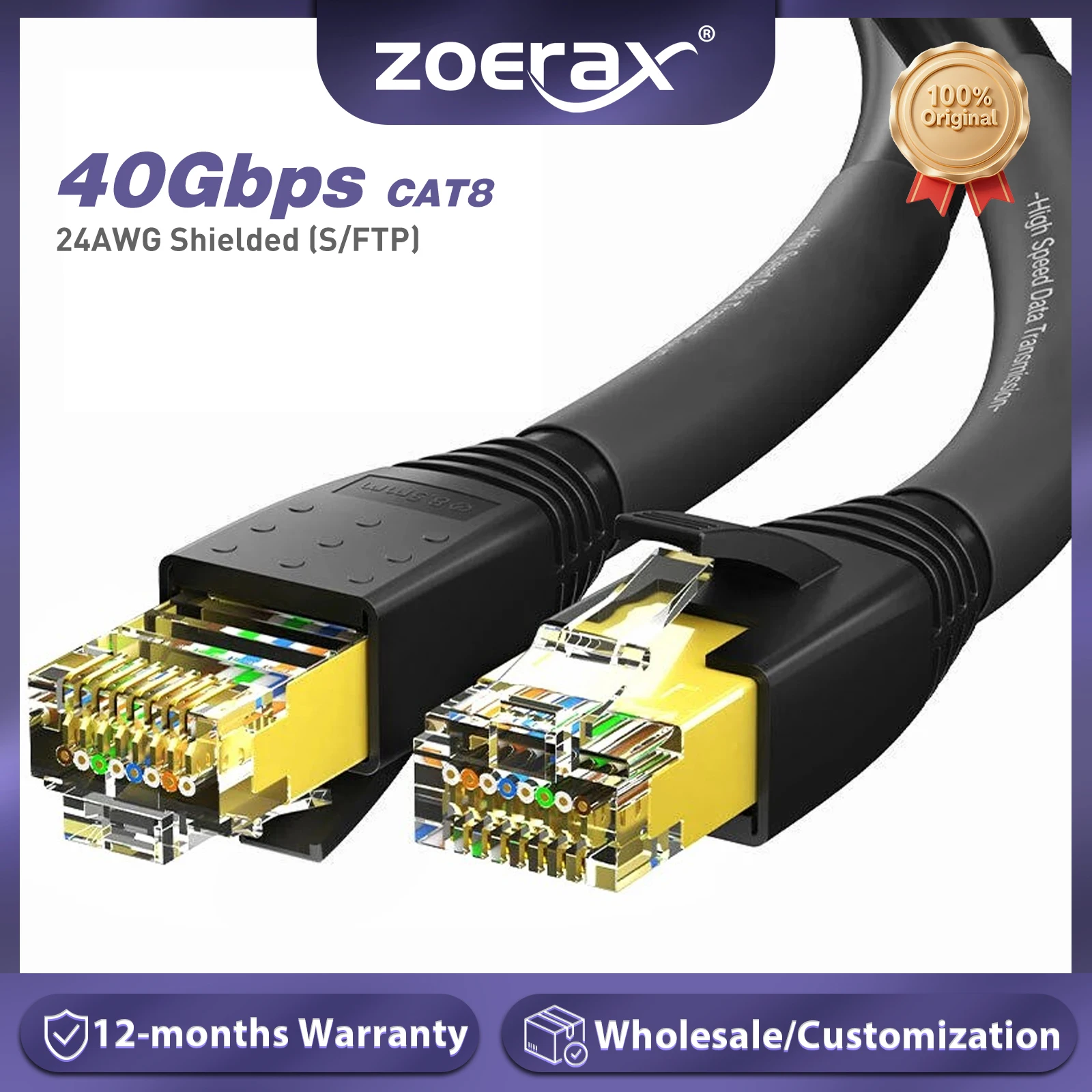 

ZoeRax CAT8 Ethernet Cable 24AWG 40Gbps 2000Mhz Heavy Duty High Speed Gigabit SFTP Lan Network Internet Cables, Outdoor&Indoor