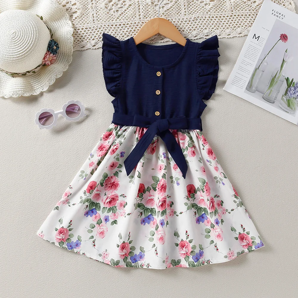 Fashion Clothes Vestidos 3 To 8 Years Girls Kids Dress Spring Summer New Girls Lace Sleeve Splicing Floral Dress Casual