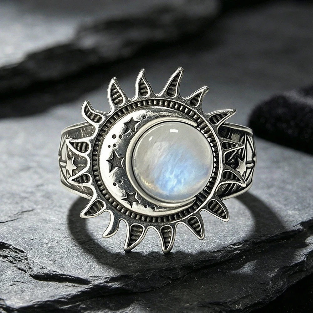 925 Sterling Silver Natural Moonstone Ring, 8MM Bohemian Sun‑Star‑Moon Design, Gothic Punk Accessory, Party Gift for Women