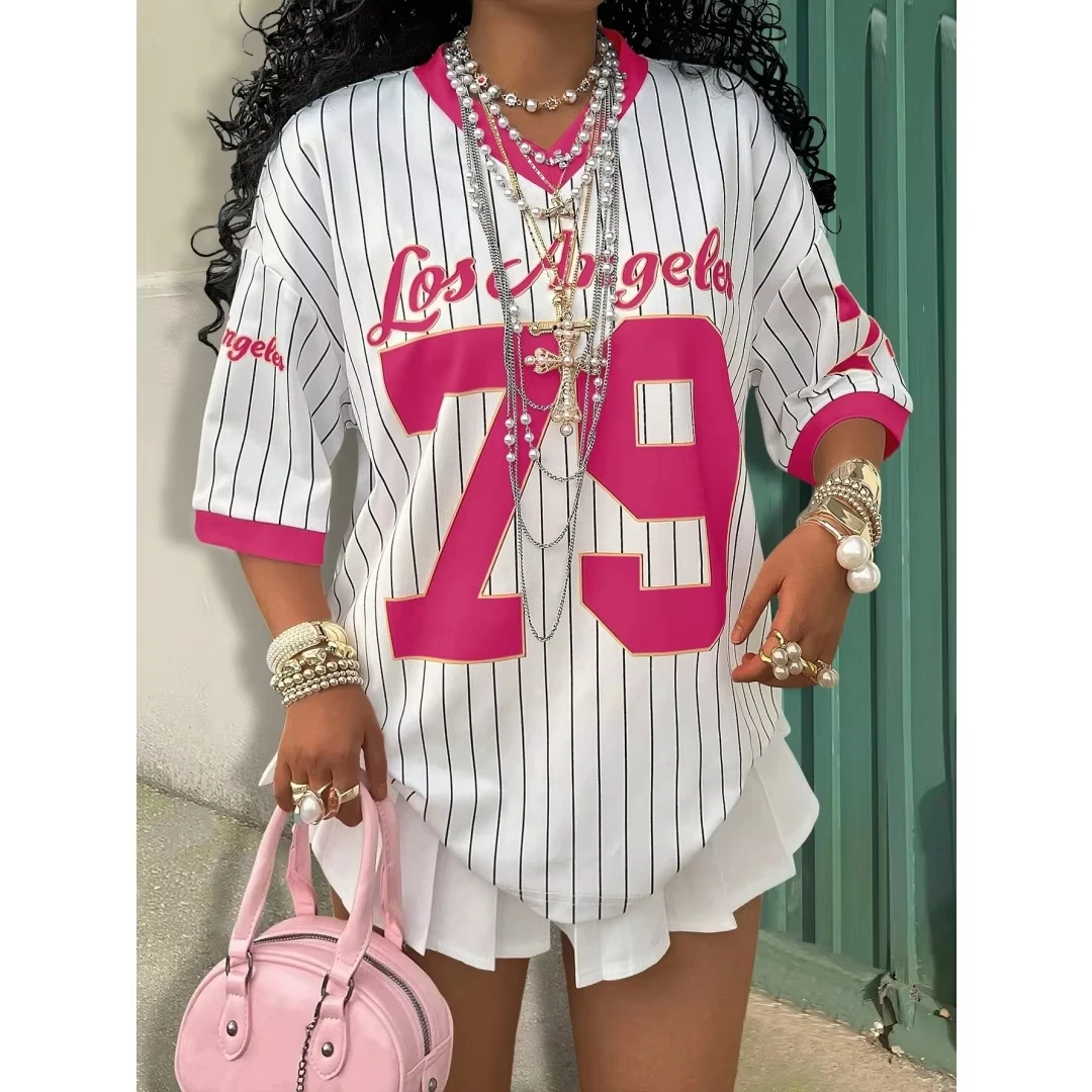 2026 Sommer Neu Los Angeles 79 Print Streifen T-Shirt für Damen V-Ausschnitt Kurzarm Sport Fußballtrikot Y2K Locker Übergroßes Oberteil – Detail 6
