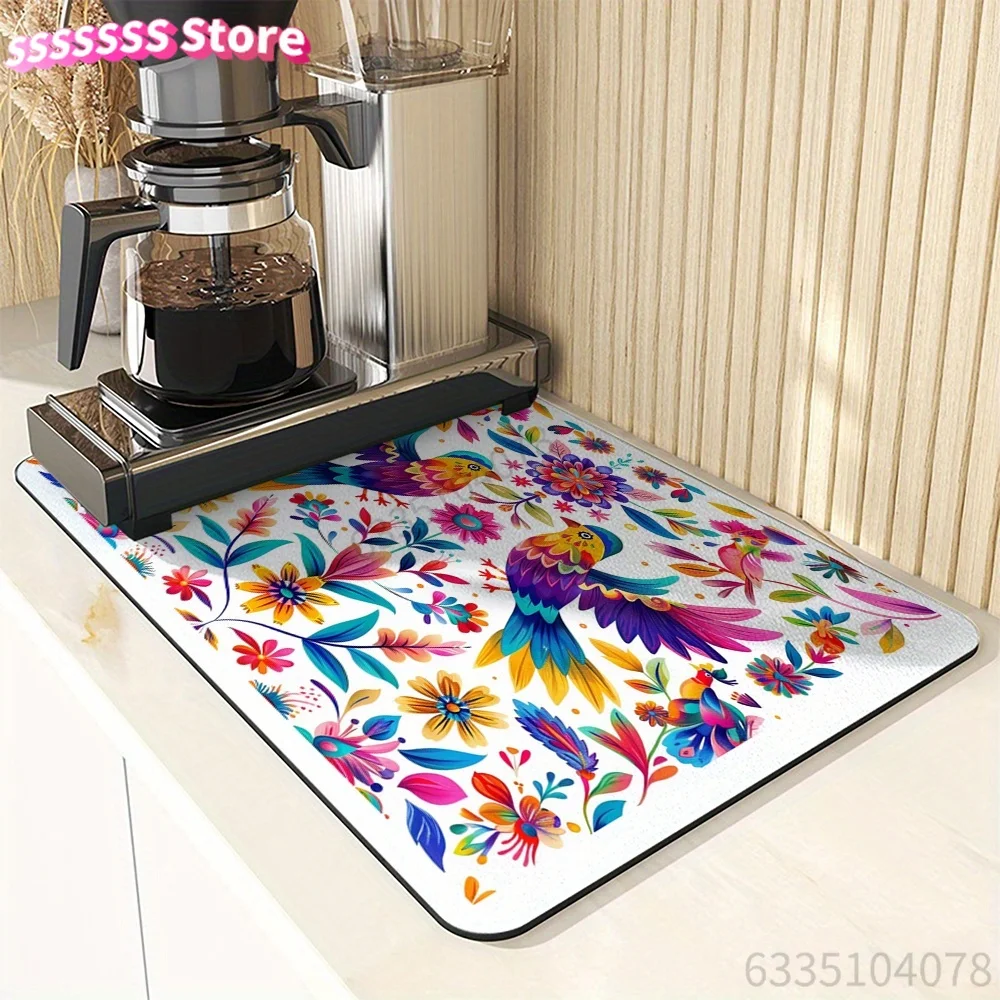 Vibrant Mexican Bird and Floral Design Dish Drying Mat - Hand Drawn, Absorbent Kitchen Countertop Pad for Drying Dishware, Coff