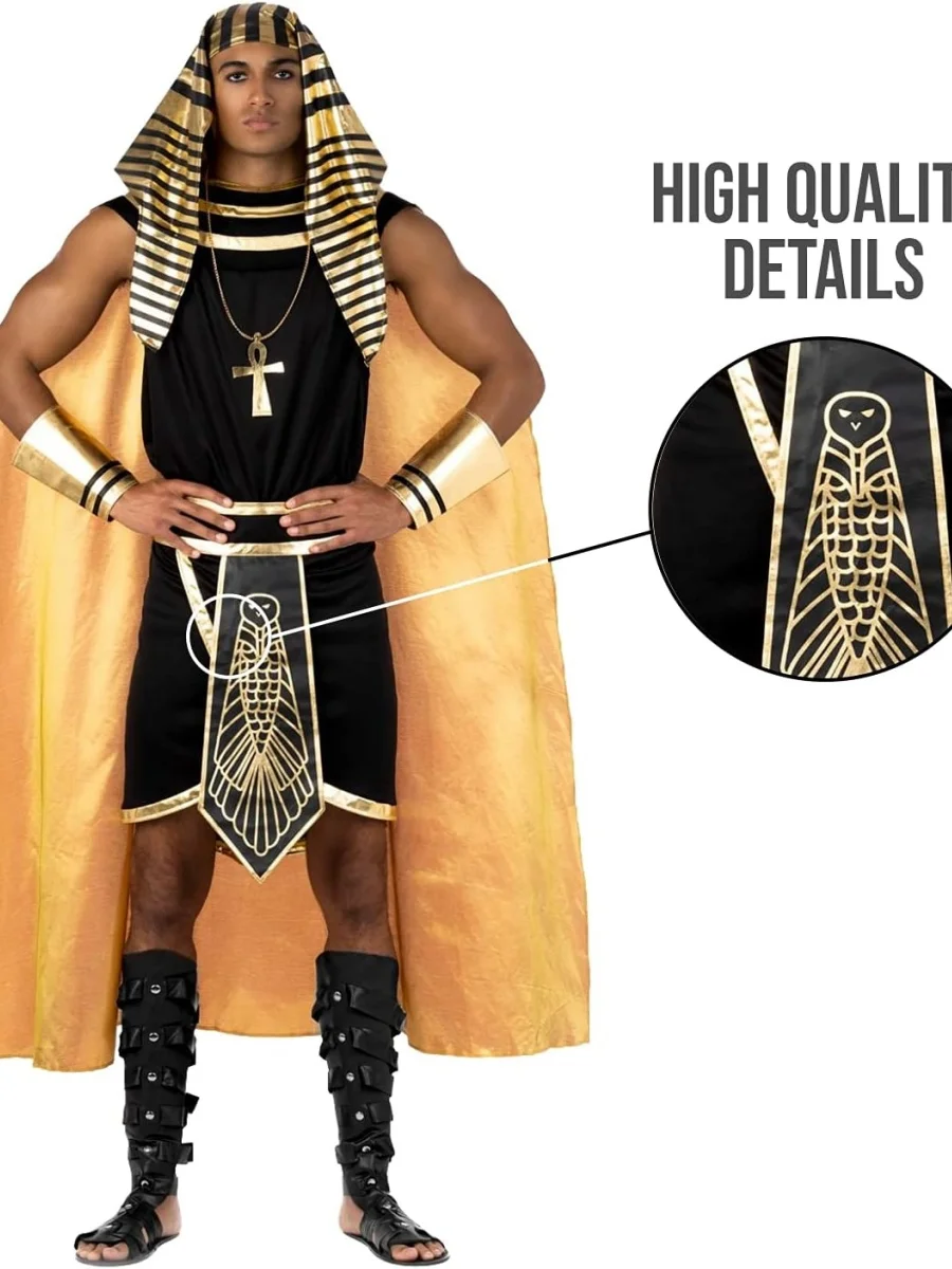 بدلة قفز زي فرعون مصري للرجال + كيب + حزام + قبعة + أساور معصم مجموعة أزياء الملك توت #3