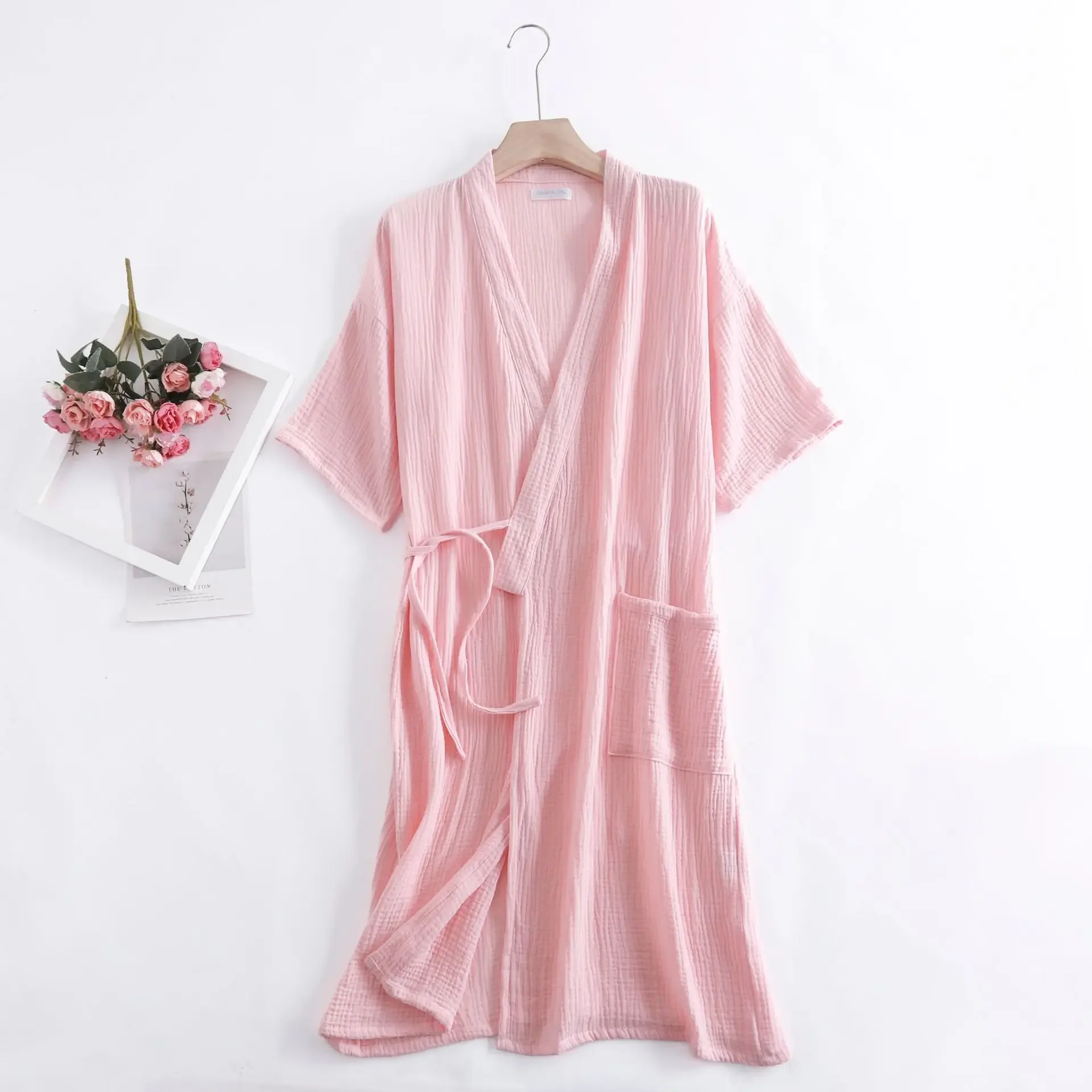 Summer 100% Cotton Gauze Crepe Short Sleeve Robes for Women and Men Solid Bathrobe Loose Soft Japanese-style Kimono Robe 2021