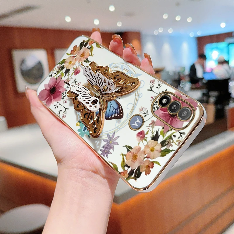 E 20 Flower Butterfly Plating Holder Phone Case For Motorola Moto G13 E13 E22 E32 E20 E22i E7Plus E7Power EDGE 20 EDGE 30 Cover