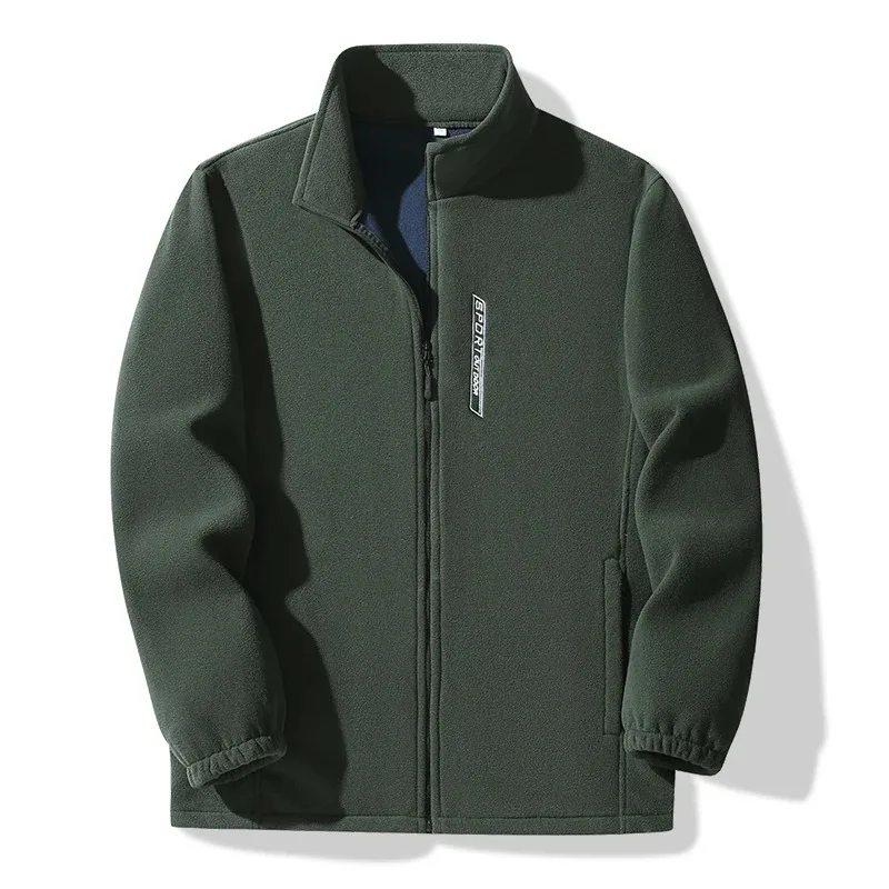 เสื้อแจ็คเก็ตตกปลาแบบสปอร์ตสำหรับคู่รัก สีพื้น เนื้อผ้าฟลีซบาง เสื้อโค้ทผู้ชาย คอตั้ง สำหรับวัยกลางคน เสื้อโค้ทฟลีซสองด้านให้ความอบอุ่น