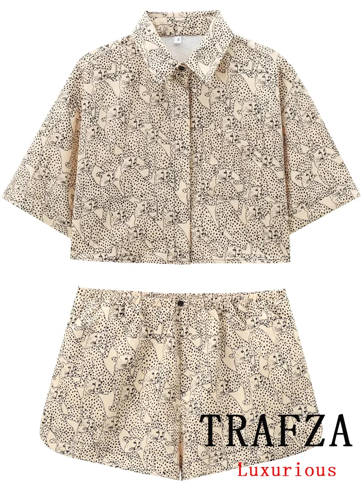 TRAFZA Casual Print Chic Women Suit Single Breasted Turn-down Collar Blouse Loose Straight Shorts New Fashion 2024 Summer Sets