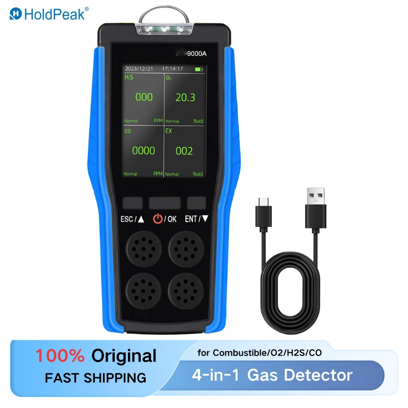 

4-in-1 Portable Gas Detector for Combustible/O2/H2S/CO, Sound/Light/Vibration Alarm & LCD Display Gas Leak Detector HP-9000A