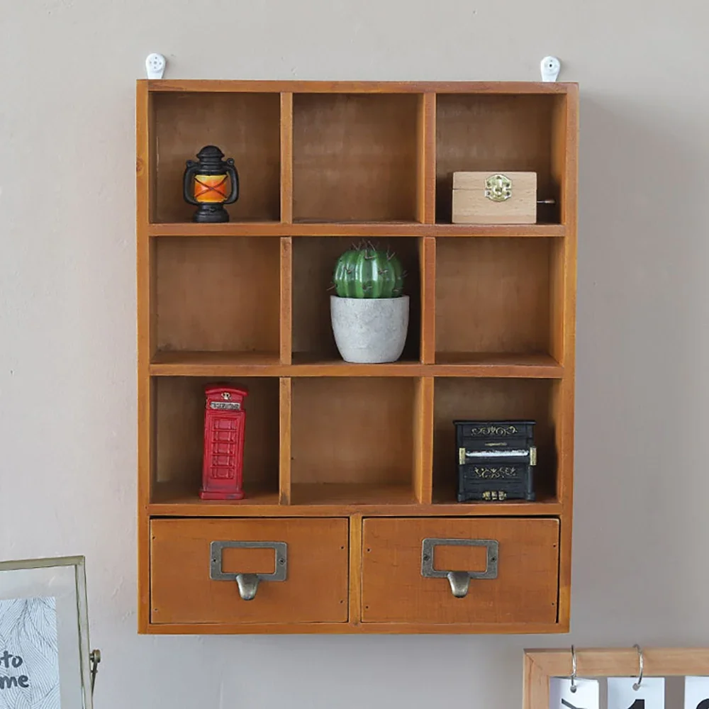 Rustic 9-Cube Wooden Display & Storage Cabinet with 2 Drawers - Multilevel Organizer for Craft Decor & Furniture in Brown Finish