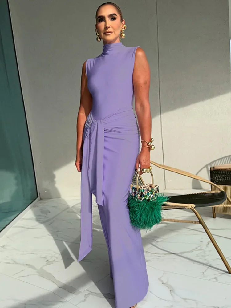 

Turtleneck Backless Ruched Sexy Maxi Dress Women Fashion Sleeveless Draped Bodycon Club Party Long Dresses Female New