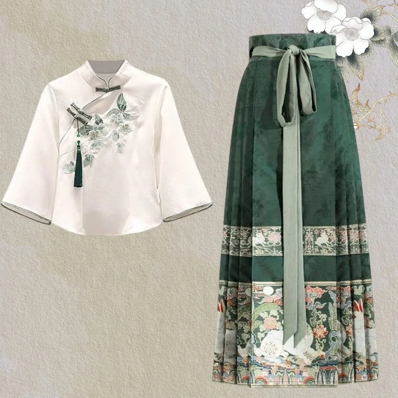 

New Chinese Sle Seven-Quarter Sve irt Women's Spring New Thin irt Hanfu Ma Face Skirt Two-Piece Set Lightweight Top