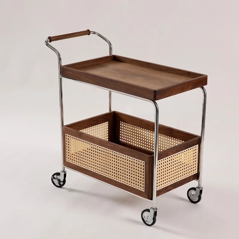 

Black walnut retro mobile trolley living room sofa balcony and simple medieval solid wood storage rattan rack