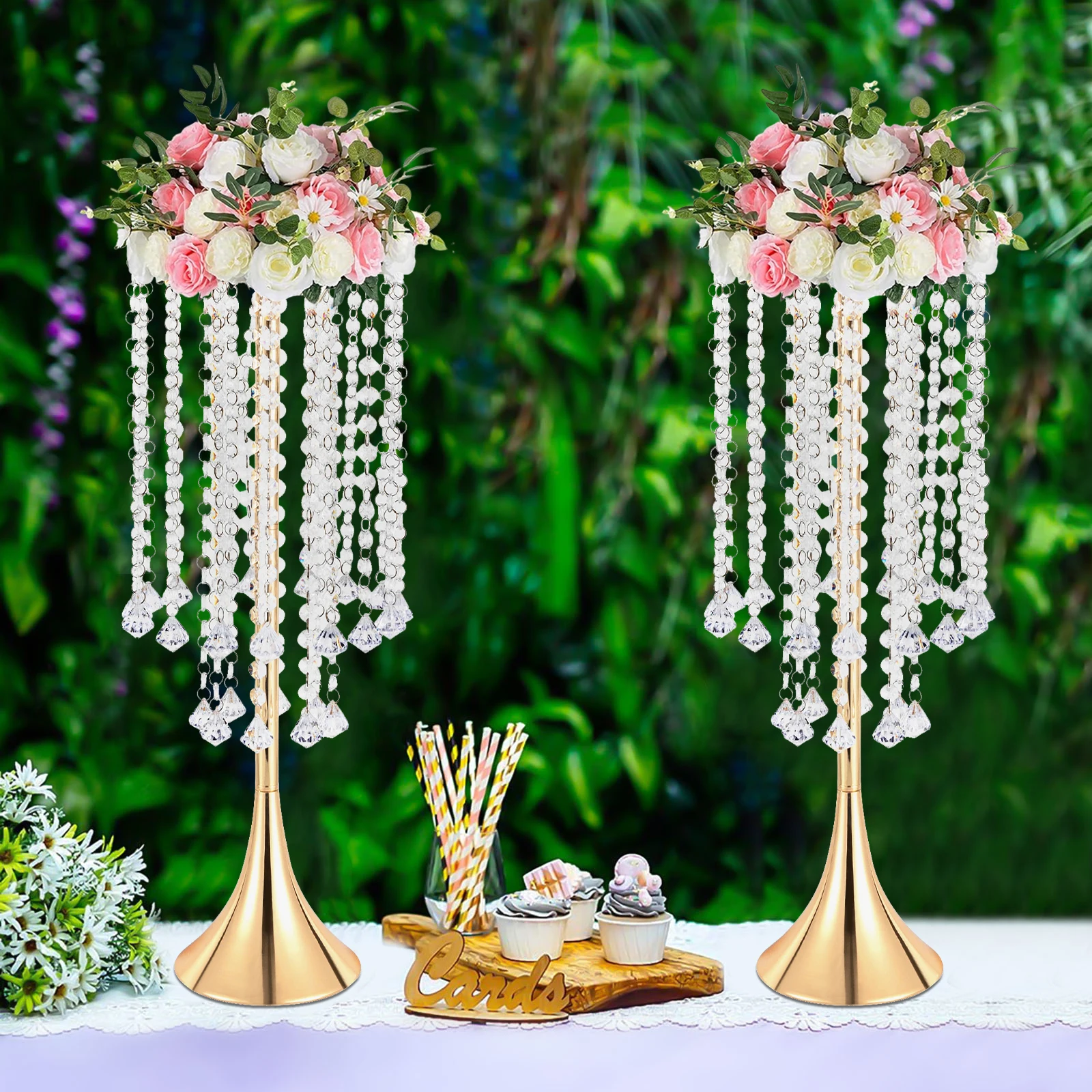 

2 Pieces 55.6cm Gold Vase with Crystal Tassels Banquet Table Top Decorative Flower Base High Load-bearing Display Stand