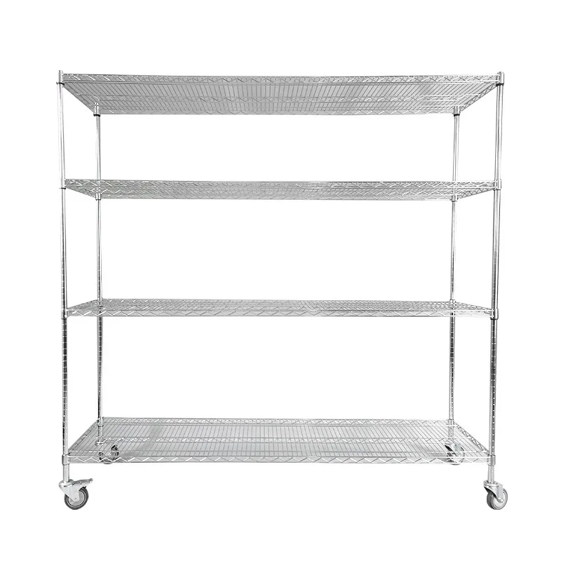 Chrome Plated Wire Mesh Shelf Warehouse Stainless Steel Shelf with Wheel Movable Display Rack