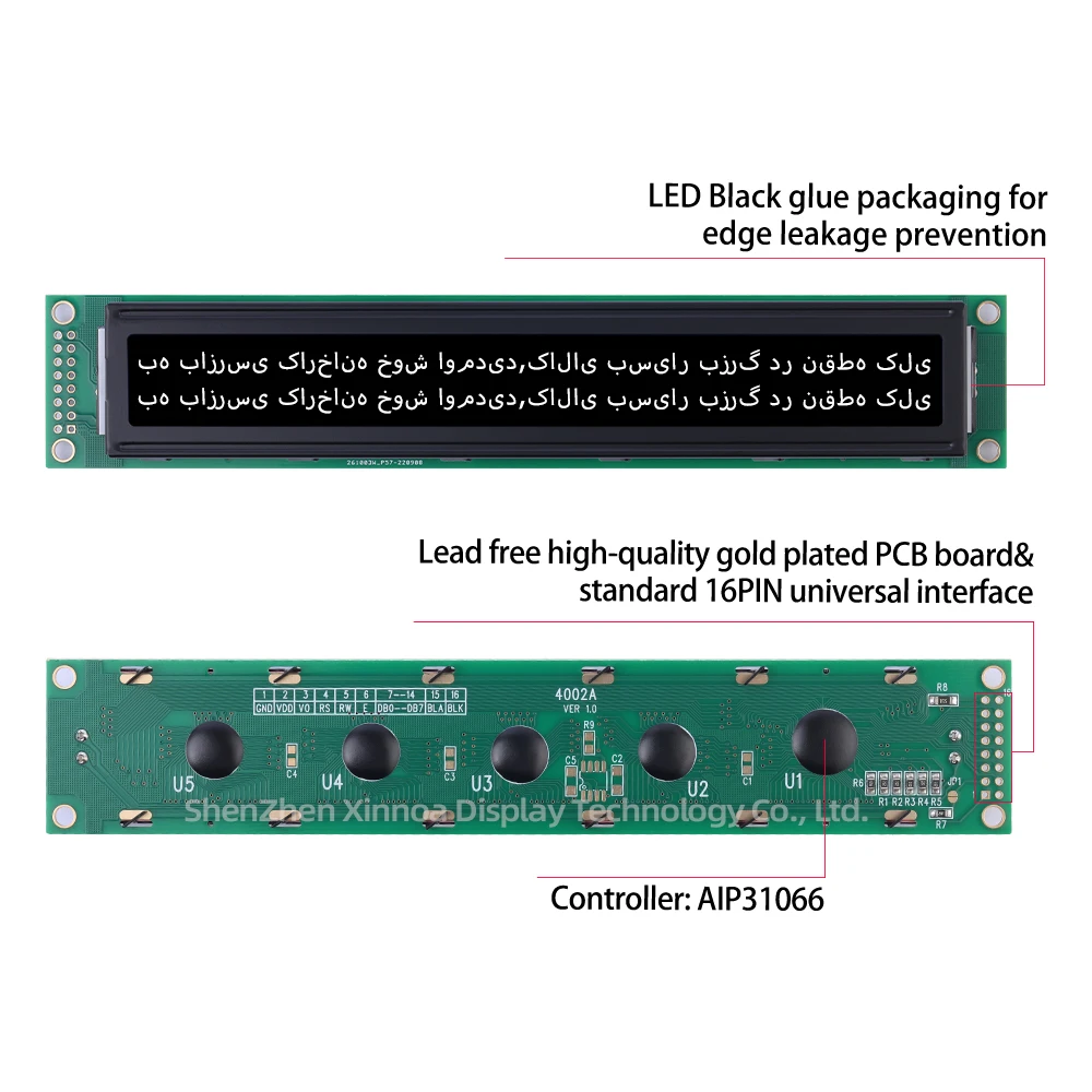 Tela da matriz do ponto do caráter do LCD, filme preto, texto branco, Farsi 4002A, desenvolvimento do esquema do apoio, 402, 40x2, LCD, 5V, 3.3V, BTN