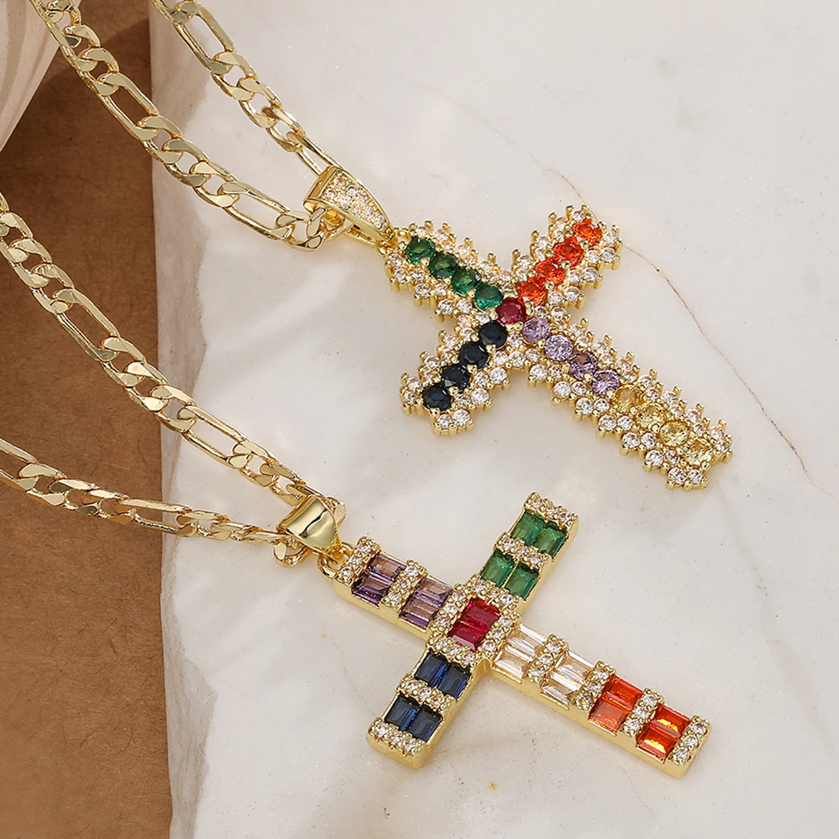 NEWBUY Gold Rainbow Multicolor CZ Cross Pendant Necklace 2 Styles Figaro Chain Hip Hop Daily Stackable Jewelry