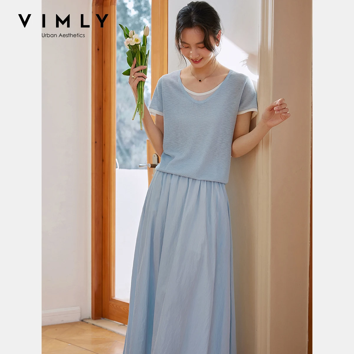 

VIMLY Two-piece Woman 2025 Summer Dress Casual Set Contrast Color O-neck Knitted Top Midi A-line Elastic Waist Skirt Suit A0327