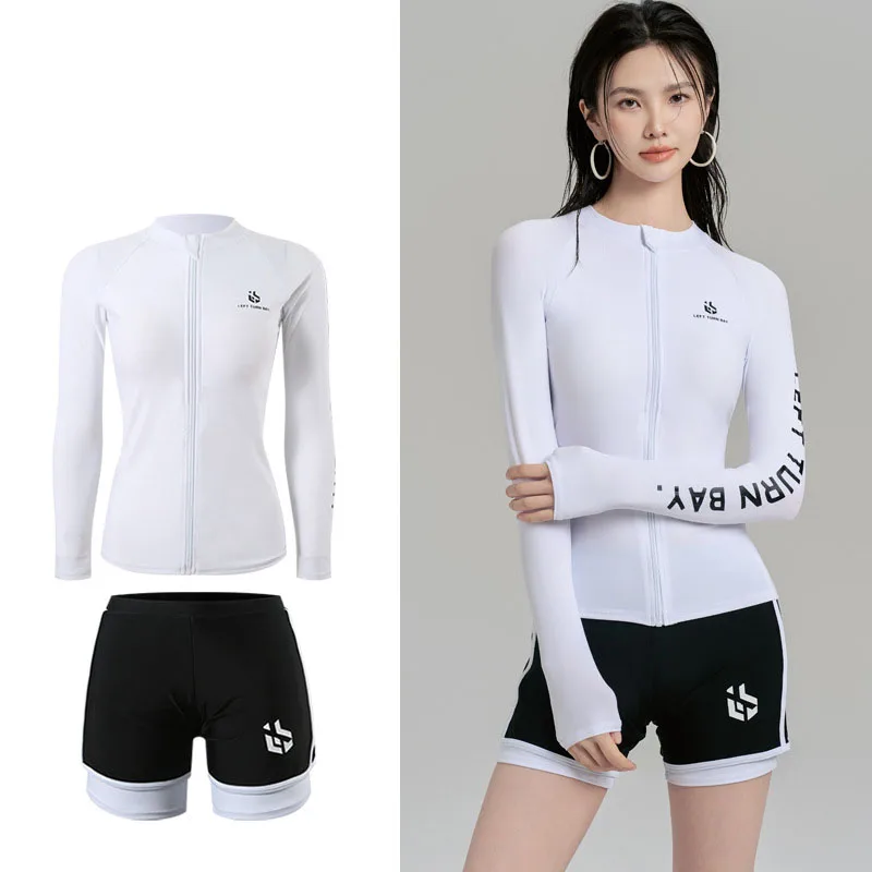 قطعتين طفح الحرس للنساء الشمس حماية طويلة الأكمام المايوه سريعة الجافة قميص السباحة + بويشورت رياضية بحر Sunsuits #5