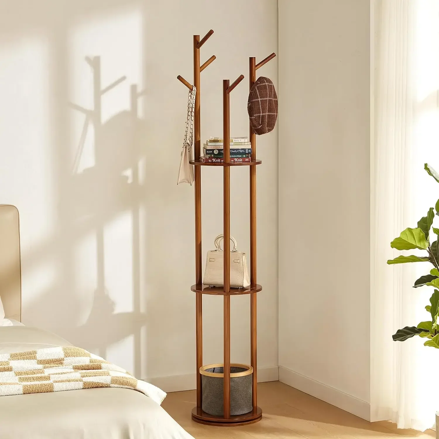 Wooden Coat Rack Freestanding Coat Tree for Home Entryway Bedroom Hanging Coats Jackets Hats,Walnut