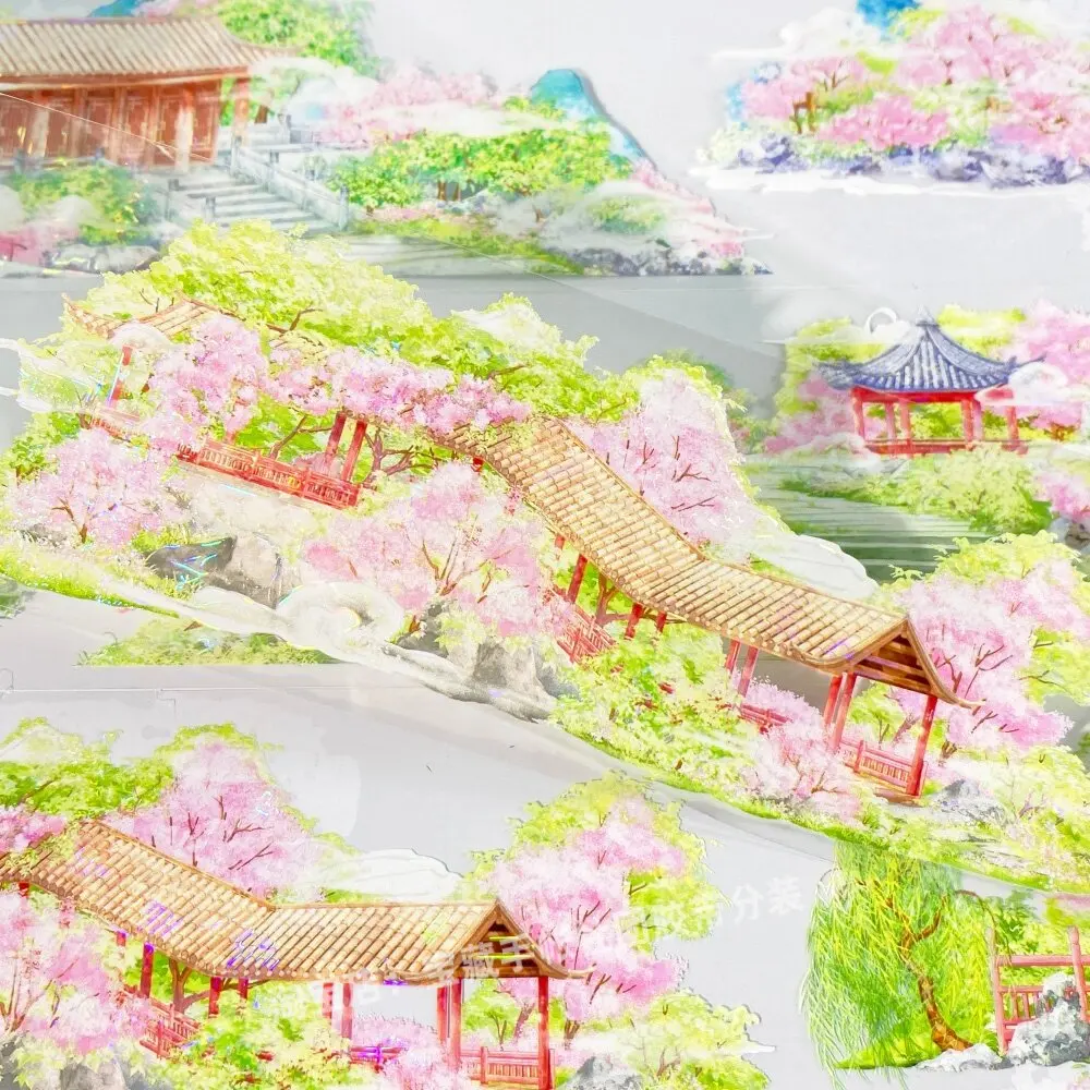Peach Blossom Garden Courtyard Tree Washi Tape Sample, Chinese Ancient Style PET Sticker for DIY