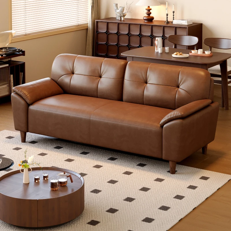 

French retro oil wax leather sofa small apartment double leather sofa living room three cowhide straight row leather sofa