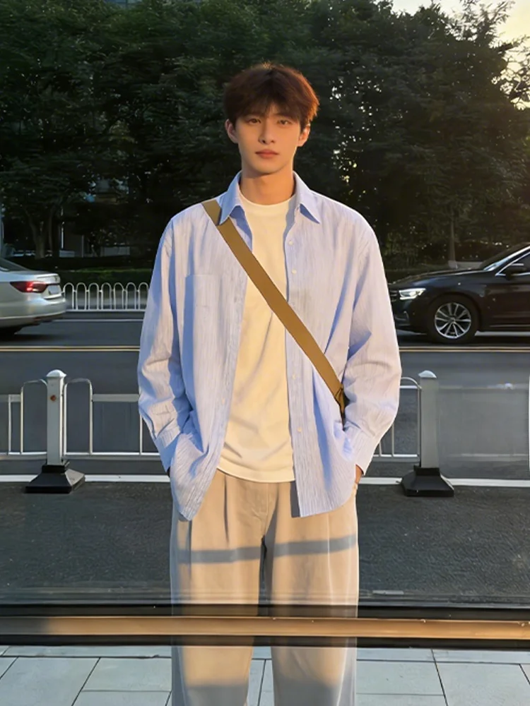 

Blue Striped Men's irt Long Sve Oversize Boyfriend Sle Spring Casual Faion Stand Fit Winter Outerwear Coat