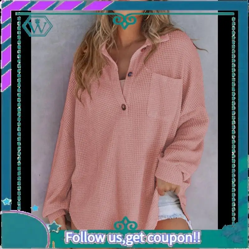 

A09P Women Waffle Knit Tops Henley Shirts Long Sleeve V Neck Solid Color Casual Tunic
