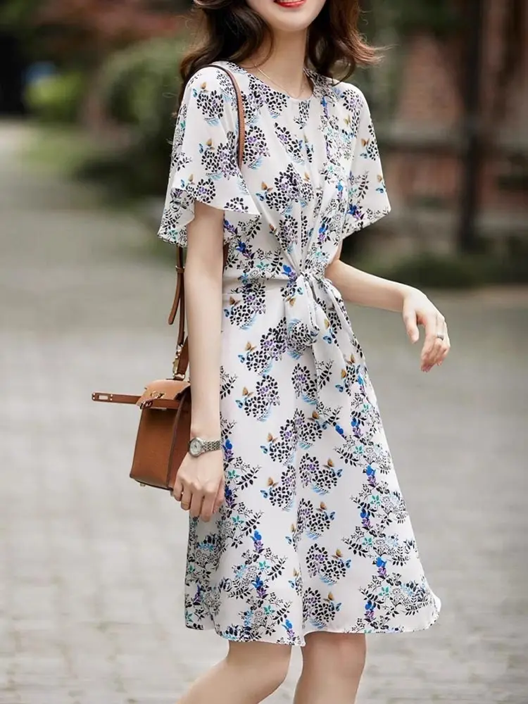 

Comfortable round Ne Printed Dr Belt Design A-Line Skirt Korean Sle Commute Faion Summer Dr Ele Slimming