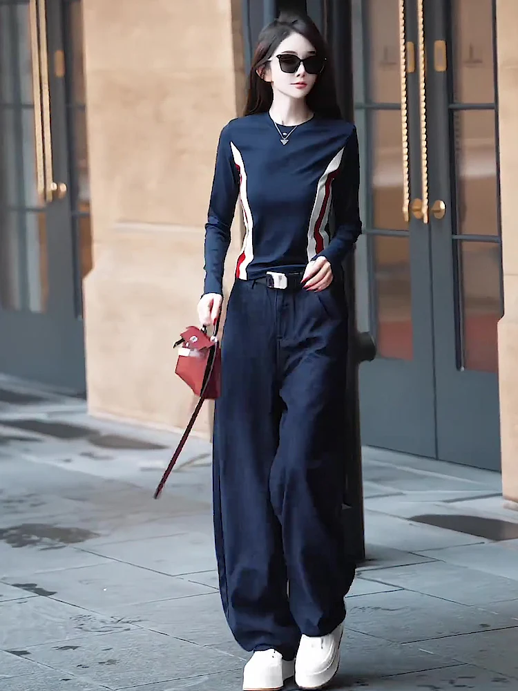 

Fashionable Casual Women's Long Sleeve round Neck High Waist Wide Leg Pants Slimming Two Piece Set Spring New Arrival