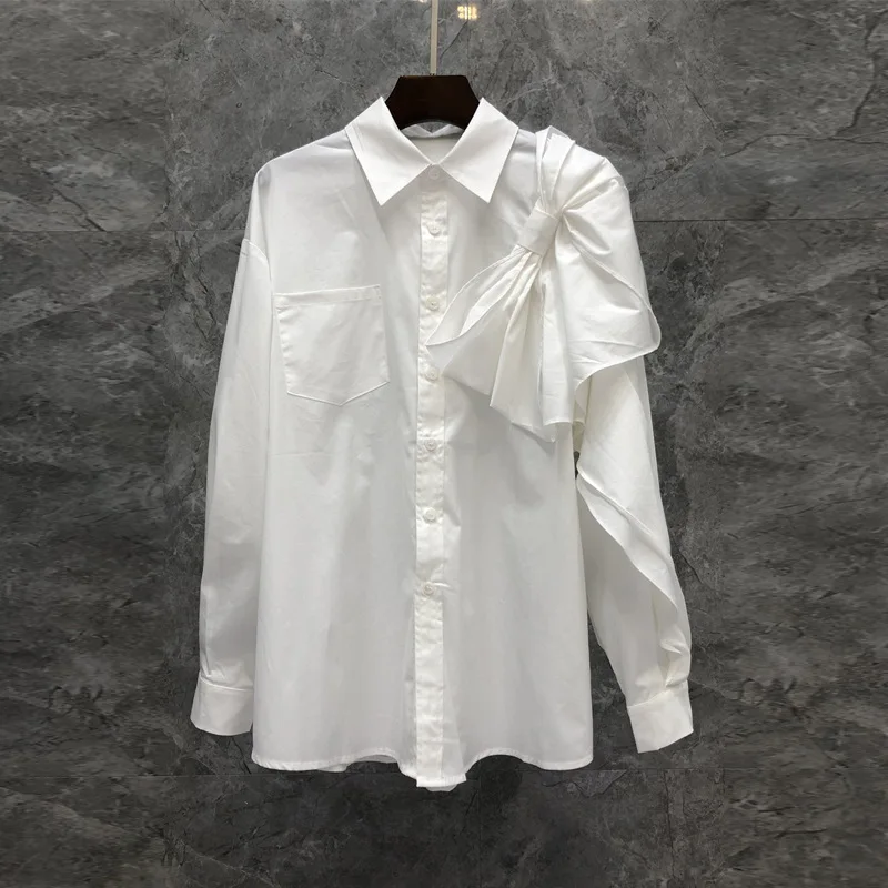 Bow design and patchwork white shirt, European style new mid length top for spring/summer 2024