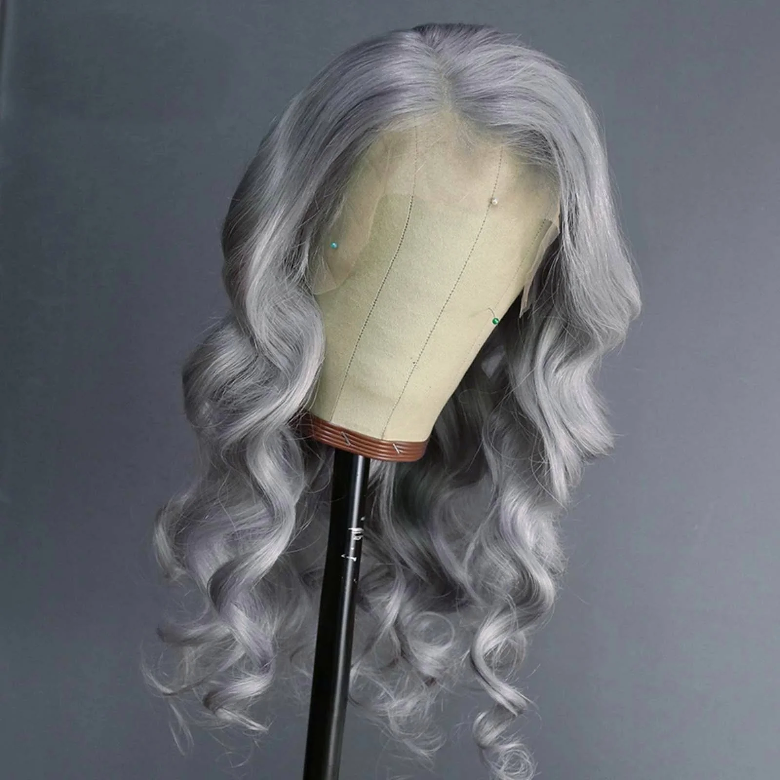 Peluca de encaje frontal para mujer, pelo sintético sin pegamento, ondulado, largo, plateado, gris