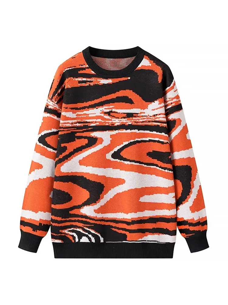 Women's round neck zebra print loose pullover knitted sweater, autumn and winter fashionable casual top