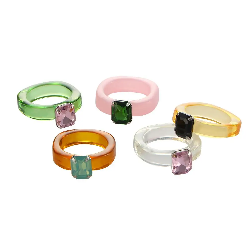 New Transparent Resin Acrylic Rhinestone Colourful Geometric Square Round Rings for Women Jewelry Party Gifts