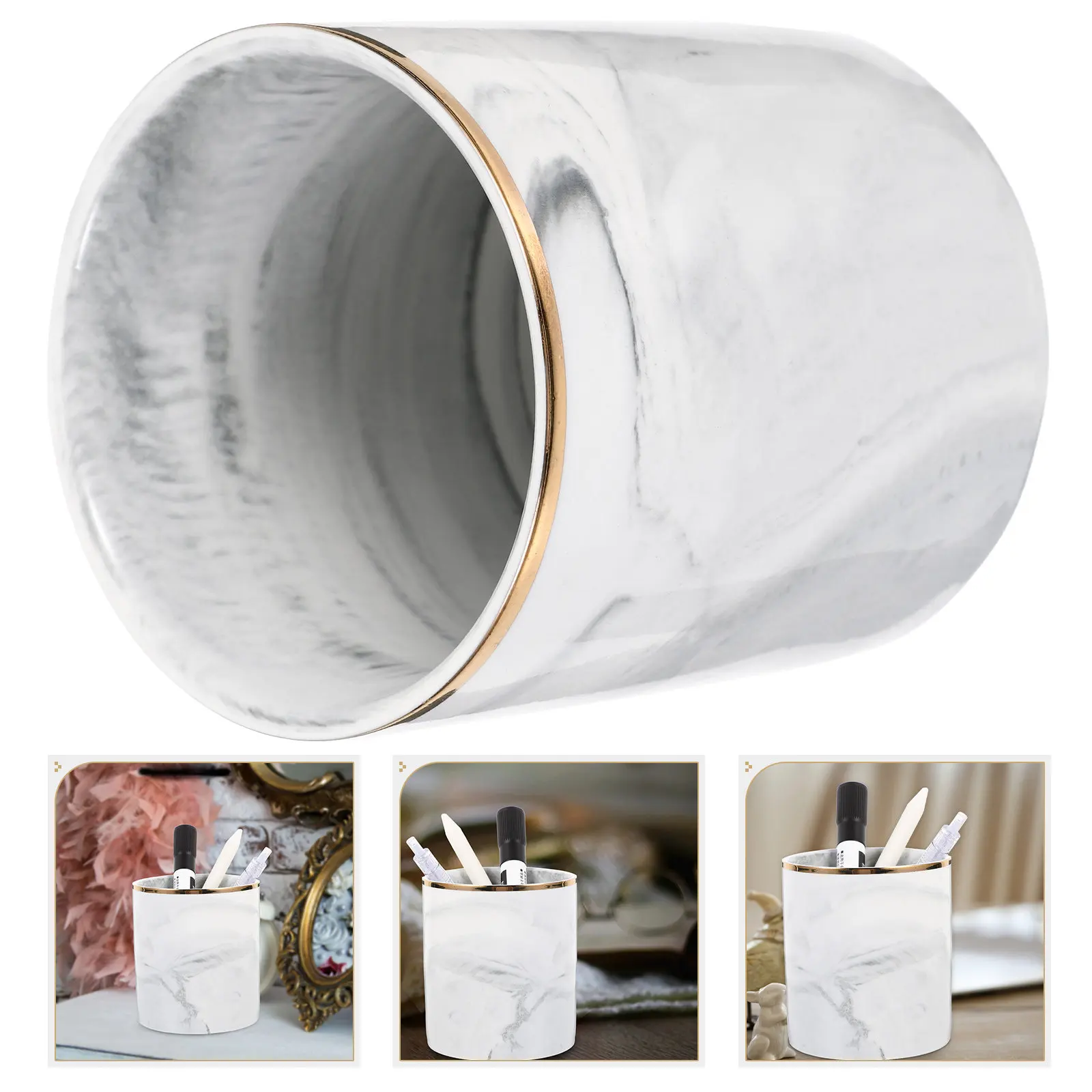 Sturdy Marble Pen Holder Desk Pen Organizer Large Capacity Pencil Cup Makeup Brushes Pens Pencils Scissors Rulers Tidy Desktop