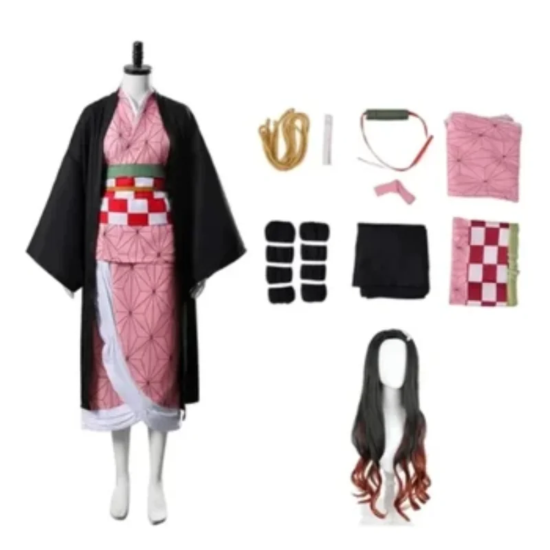 Volwassen Kinderen Anime Nezuko Cosplay Kostuum Kimono Devil Jager Kamado Nezuko Kostuum Pruik Womens Meisjes Kimono Uniform Kleding