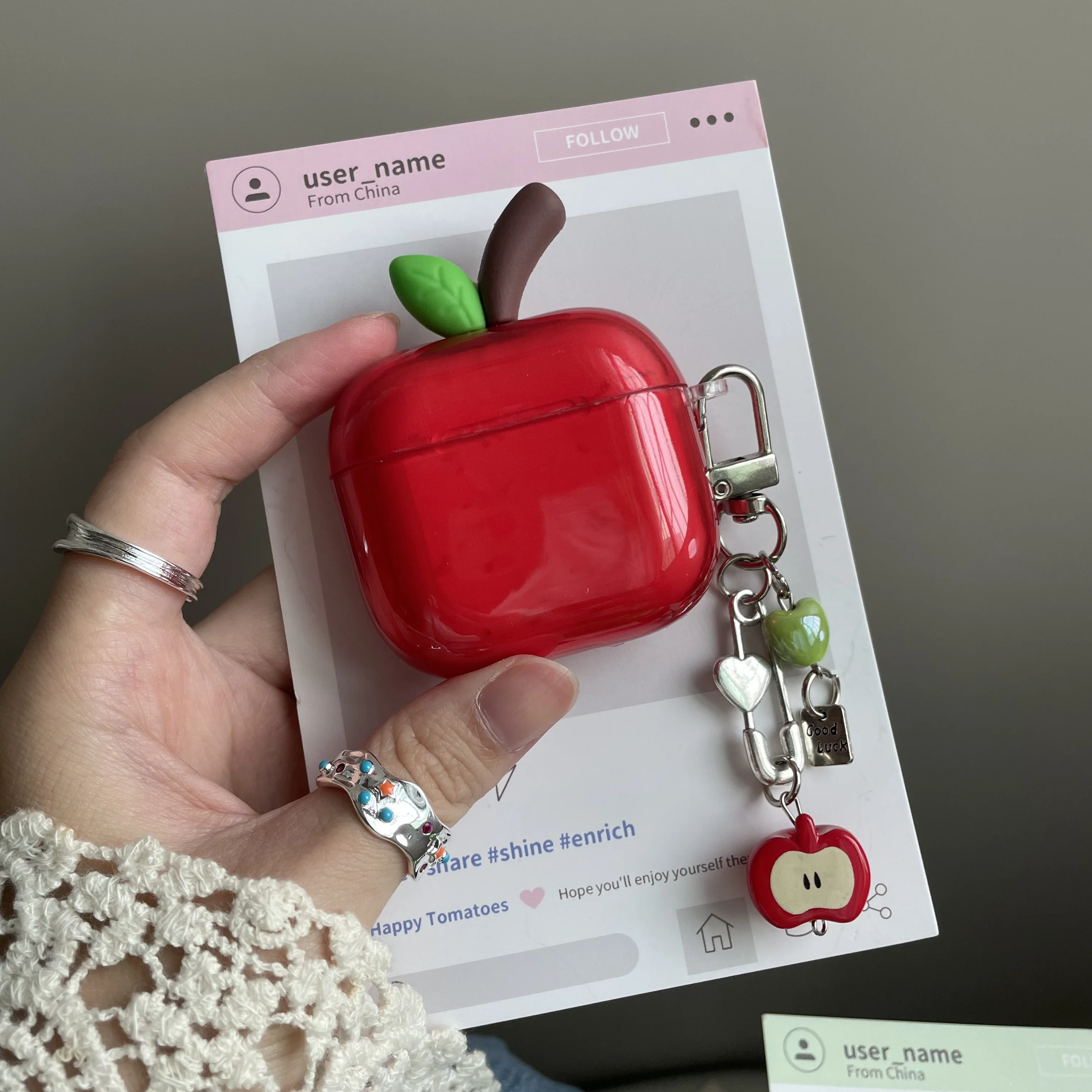 Durchscheinende Rot-Grüne Apfel-Kopfhörerhülle für AirPods 1 oder 2 3 4 5 Pro 2 3 Air Pods AirPod Pro2 Pro3 Weiche IMD Niedliche Hülle mit Anhänger – Detail 6
