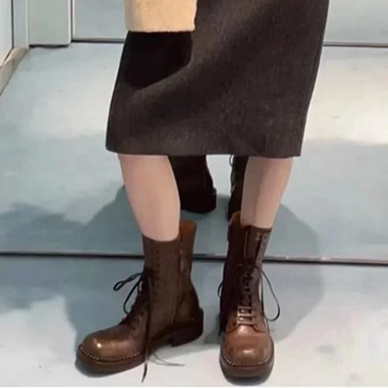 Chunky Woman Ankle Boots Designer Fashion Dress Walking Shoes Women Trend Chelsea Boots Lace Up Zapatillas Female