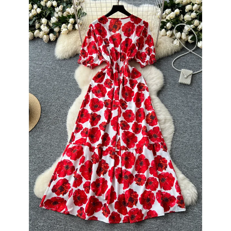 Boho vintage slim ผู้หญิงฤดูร้อน v คอดอกไม้พิมพ์ชุดยาวชายหาด vestido de festa elegant streetwear แยก vestidos