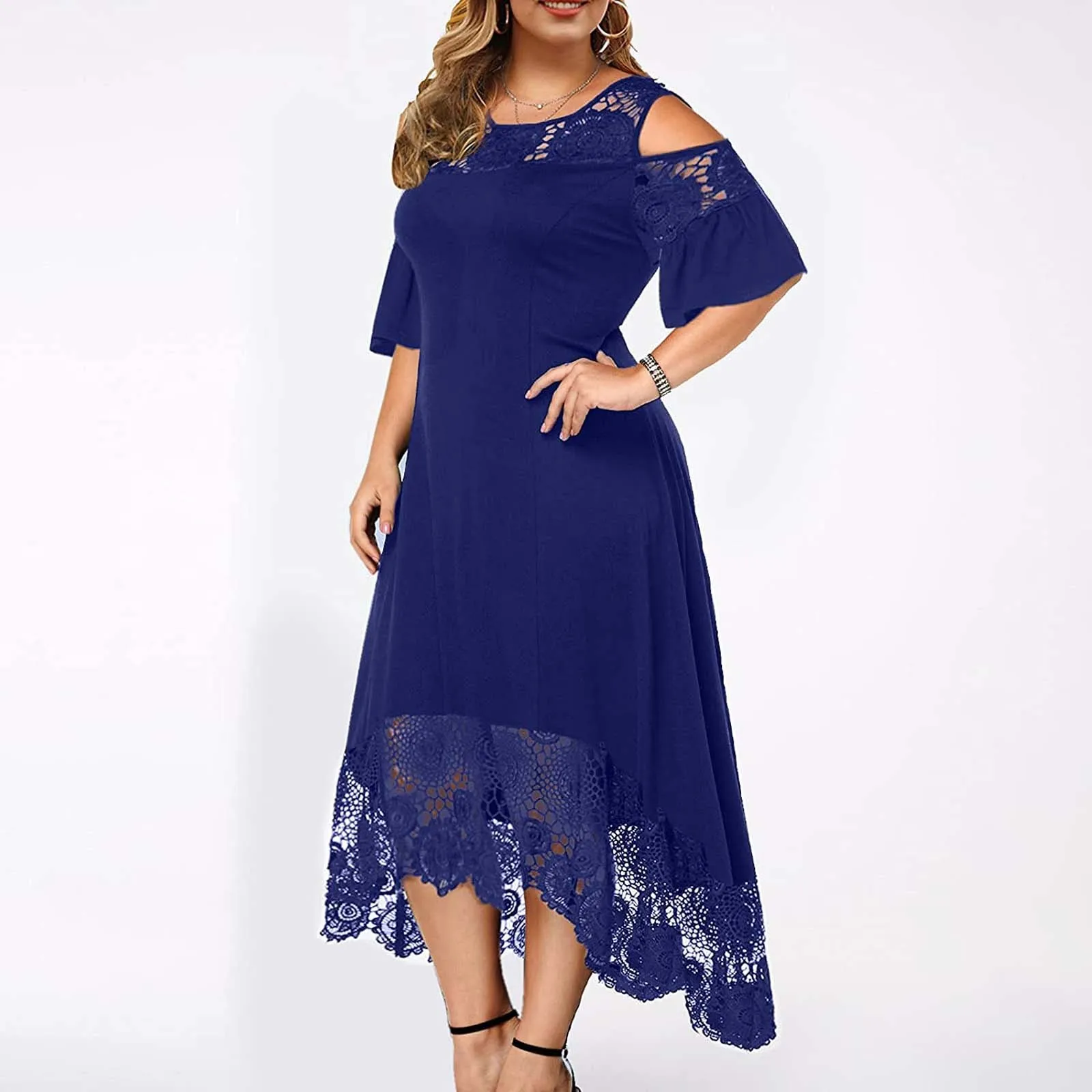 2024 Приталенное платье stylish Womens Lace Stitching Ruffle Short-Sleeved Strapless Sheath Distinctive and individual Dress