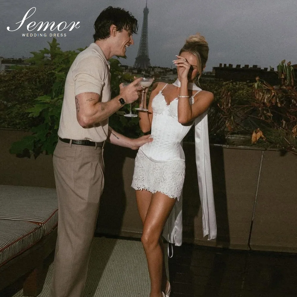 Semor Elegant Satin Lace Mini Wedding Dresses Sleeveless Sheath Spaghetti Strap Customized Bridal Gowns Bridal Shower Dresses