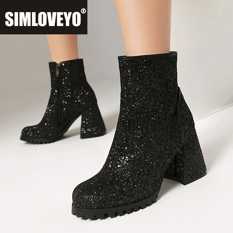

SIMLOVEYO 2025 New Design Bling Ankle Boots for Women Round Toe Block Heels 8.5cm Zipper Fashion Dating Bota Plus Size 46 47 48