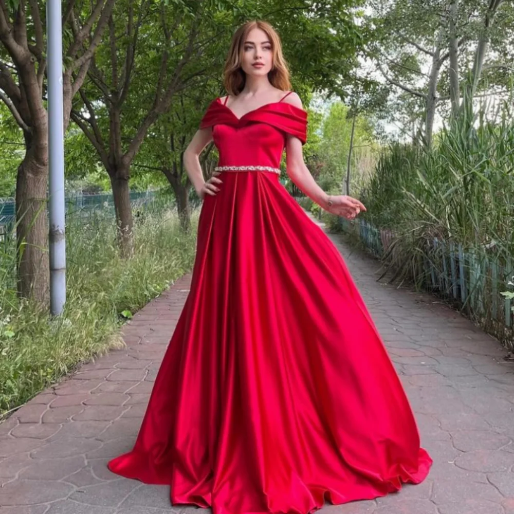 

Customized A-line Off-the-shoulder Satin Prom Gowns Sequined Sweep Train Evening Dresses Draped Red Cocktail Dresses