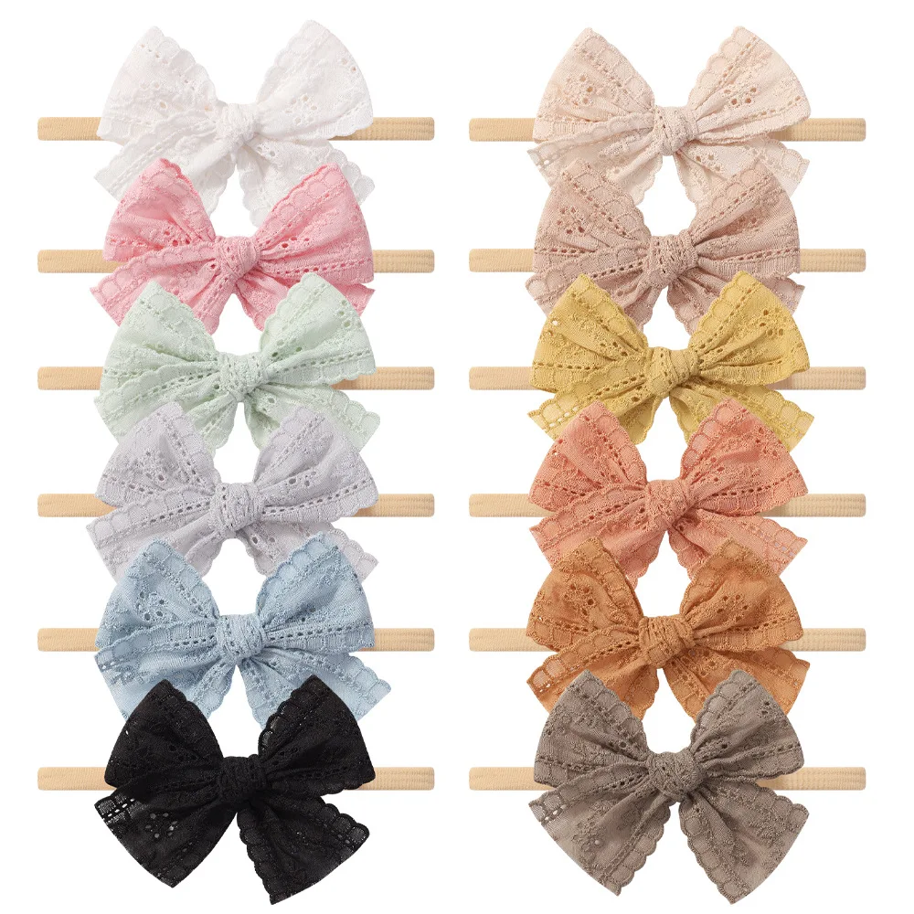 Baby Nylon Bow Headband for Girls Soft Headbands Elastic Children Hairbands Cotton Lace Embroided Flower Hair Accessories 3.8''