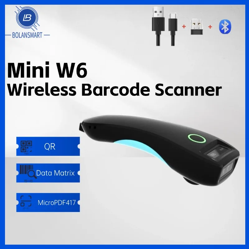 Mini W6 Wireless Barcode Scanner, CMOS Bluetooth Pocket QR Code Reader, 1D/2D, for iOS & Android Mobile Payments