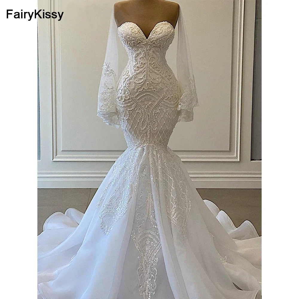 

FairyKissy Шикарные свадебные платья русалки женские роскошные арабские кружевные аппликации без рукавов из бисера свадебное платье Vestidos de novia без вуали
