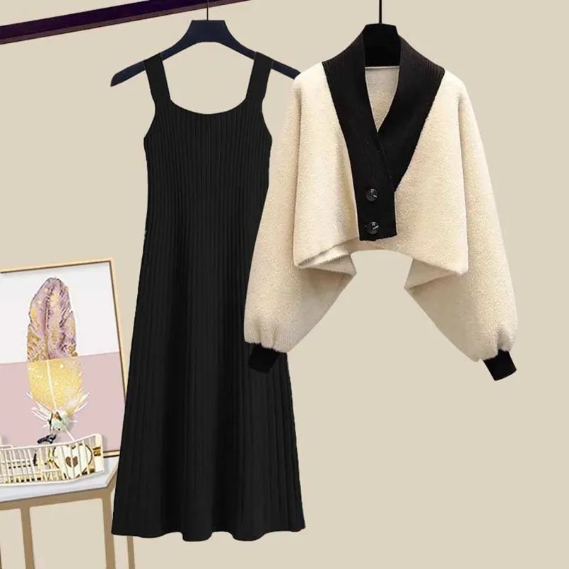 Ensemble pull et robe slim pour femme, grand manteau, version coréenne, automne et hiver, nouveau, 2 pièces, 2023