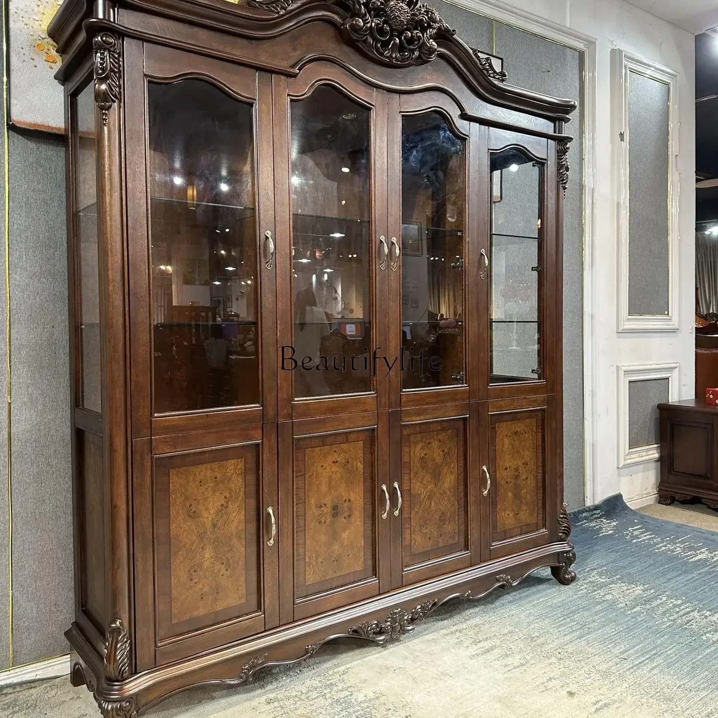 

02 Pure Solid Wood Four-Door Large Wine Cabinet Large Capacity Storage Multi-Functional Glass Door Wine Cabinet