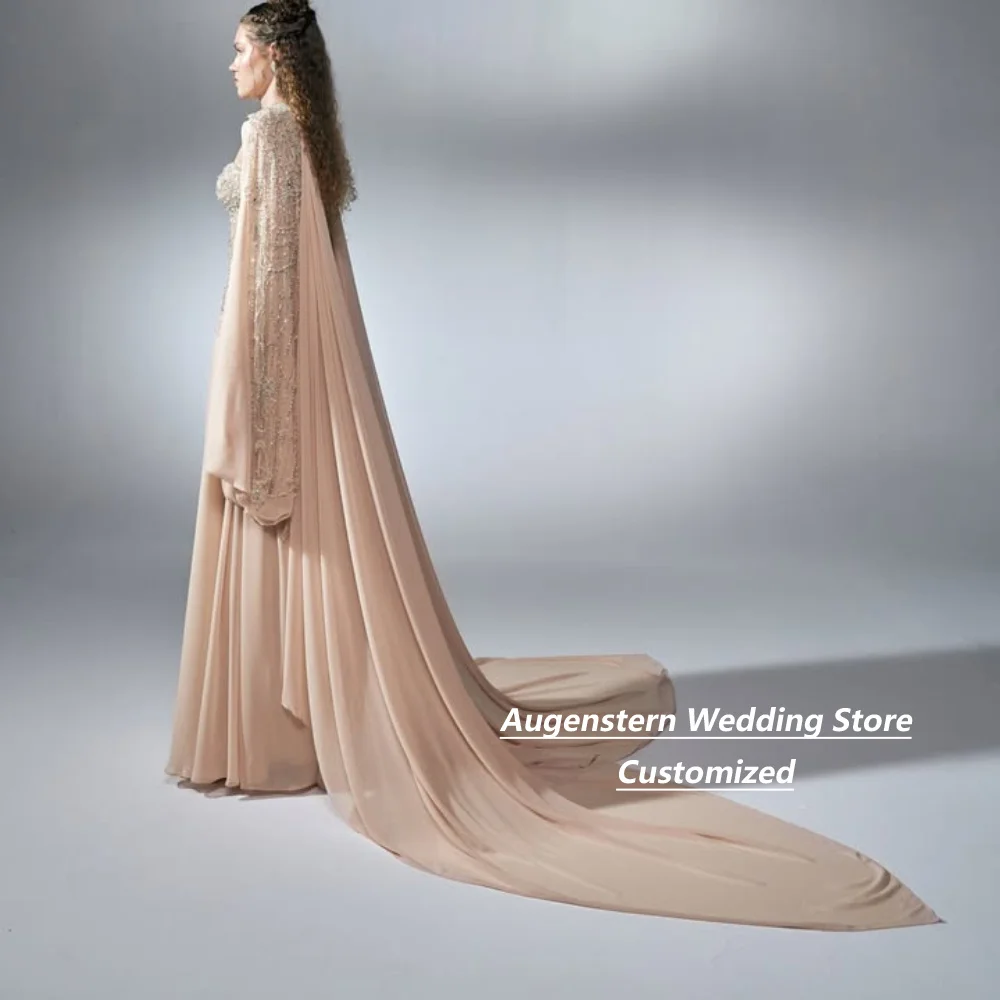 Customized Champagne Chiffon A‑Line Mother Of The Bride Gown Beaded Bodice Cape Long Train For Wedding Guest Banquet Plus Size